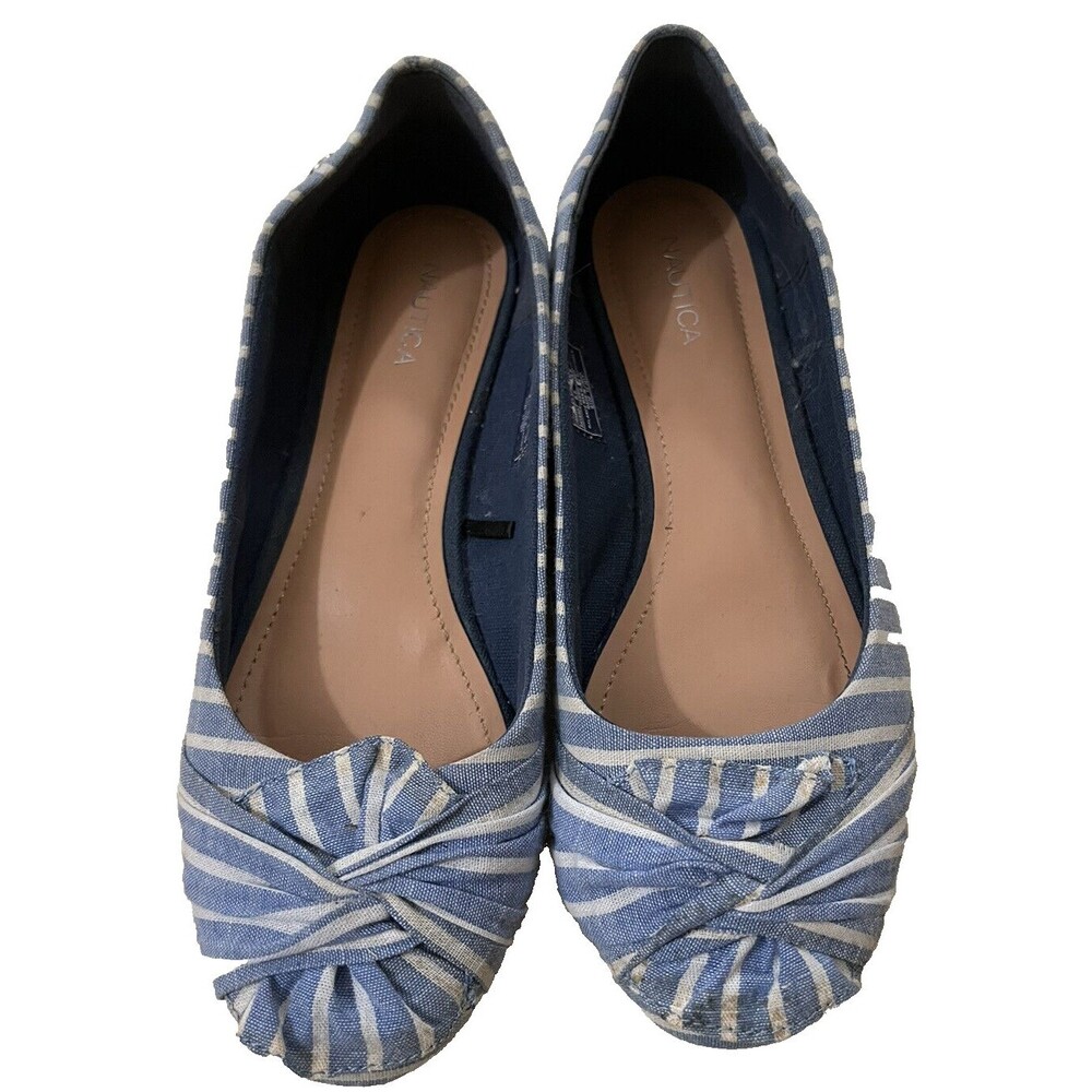 Nautica Shoes 8.5 Slip On Flats Blue White Stripe Tied Bow Fabric Twee Ballet